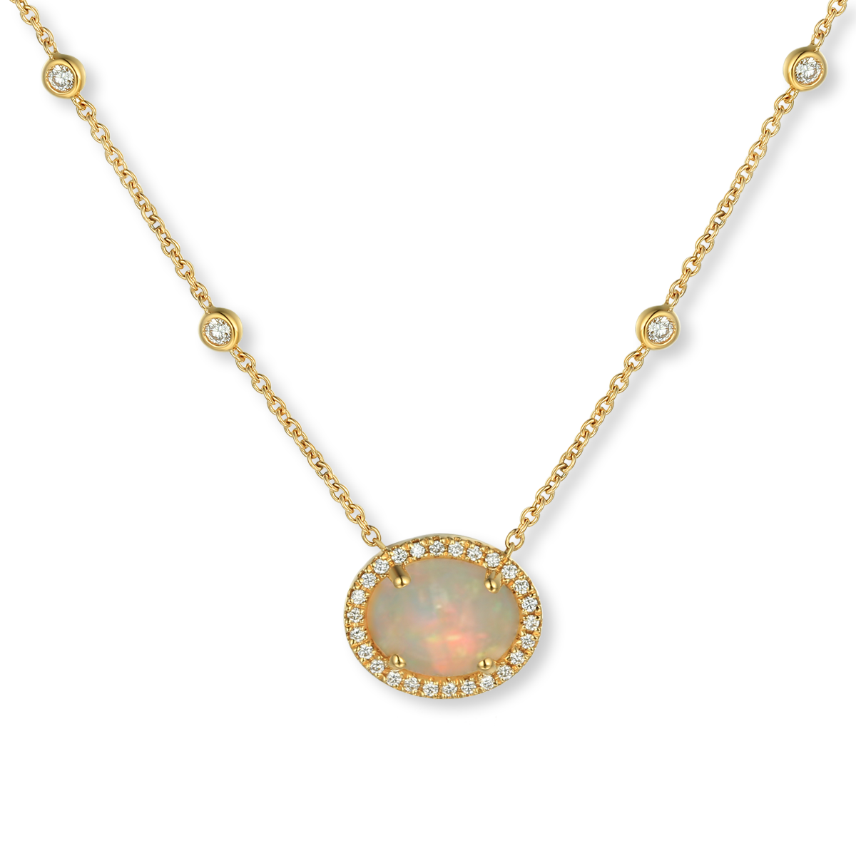 18ct Yellow Gold Oval Shaped Opal & Diamond Cluster Necklace
