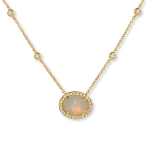 18ct Yellow Gold Oval Shaped Opal & Diamond Cluster Necklace