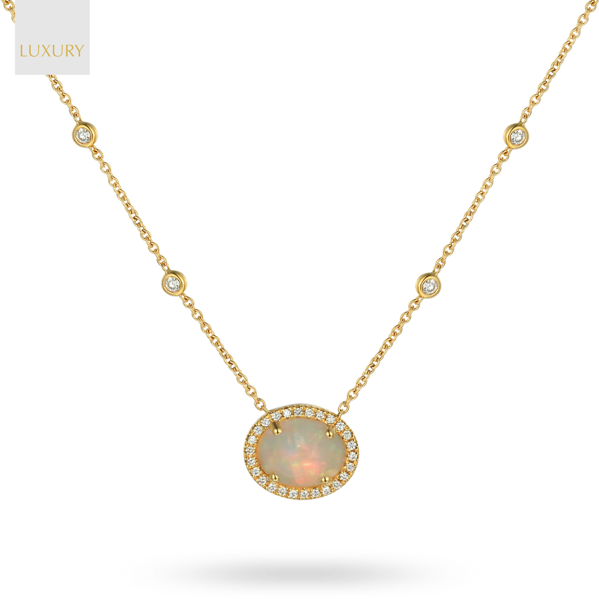 18ct Yellow Gold Oval Shaped Opal & Diamond Cluster Necklace