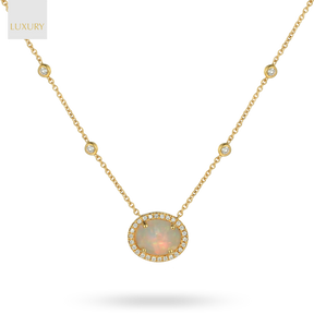 18ct Yellow Gold Oval Shaped Opal & Diamond Cluster Necklace