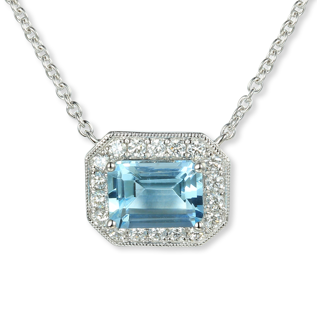 18ct White Gold Octagonal Shaped Aquamarine & Diamond Cluster Necklace