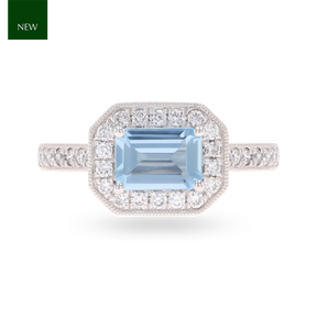 Platinum Octagonal Shaped Aquamarine & Diamond Cluster Ring