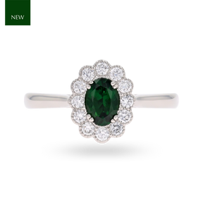 Platinum Oval Shaped Green Tourmaline & Diamond Cluster Ring