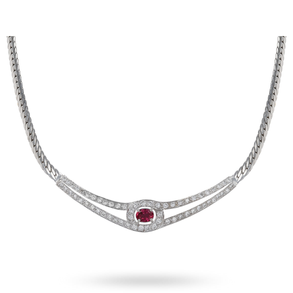 18ct White Gold Ruby & Diamond Set Herringbone Necklace.