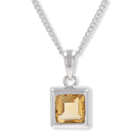 9ct White Gold Square Shaped Citrine Bezel Set Pendant & Chain