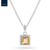 9ct White Gold Square Shaped Citrine Bezel Set Pendant & Chain