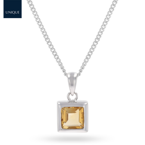 9ct White Gold Square Shaped Citrine Bezel Set Pendant & Chain