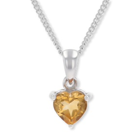 9ct White Gold Heart Shaped Citrine Claw Set Pendant & Chain