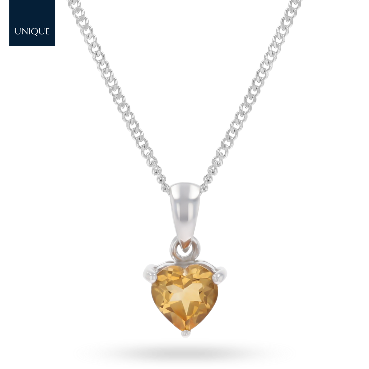 9ct White Gold Heart Shaped Citrine Solitaire Pendant & Chain