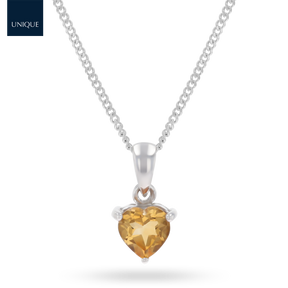 9ct White Gold Heart Shaped Citrine Claw Set Pendant & Chain