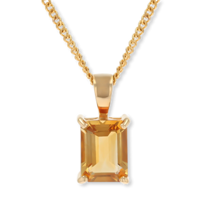 9ct Yellow Gold Emerald Cut Citrine Solitaire Pendant & Chain