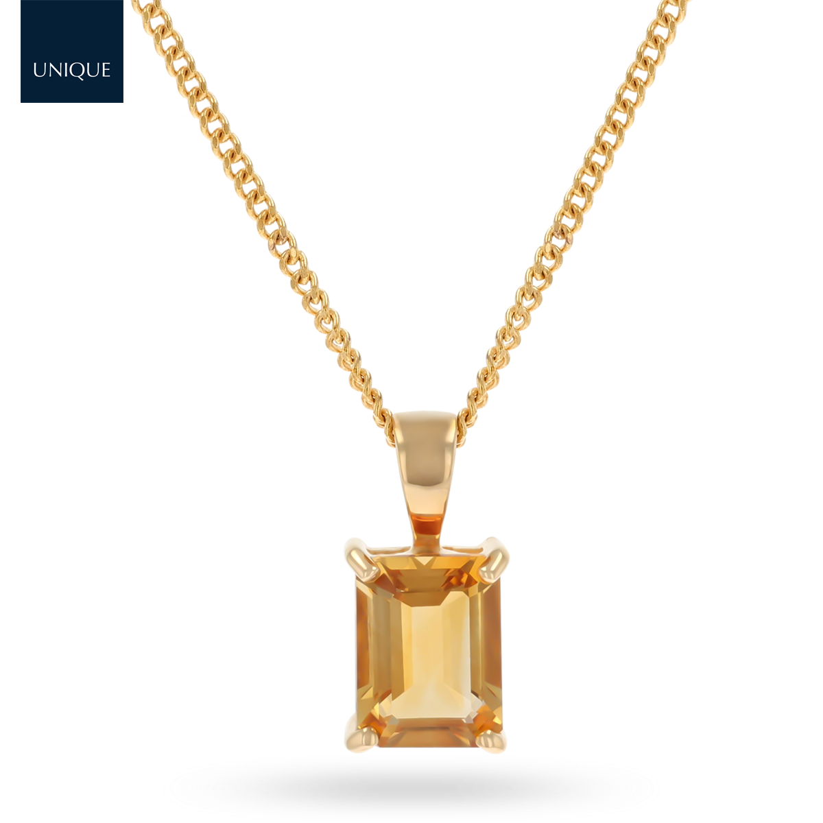 9ct Yellow Gold Emerald Cut Citrine Solitaire Pendant & Chain