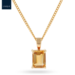 9ct Yellow Gold Emerald Cut Citrine Solitaire Pendant & Chain