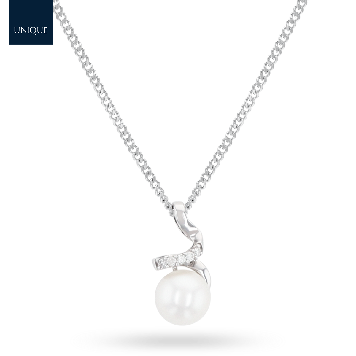 18ct White Gold Cultured Freshwater Pearl & Diamond Spiral Drop Pendant With Chain