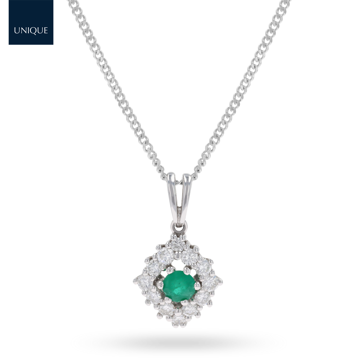 18ct White Gold Emerald & Diamond Marquise Cluster Pendant & Chain