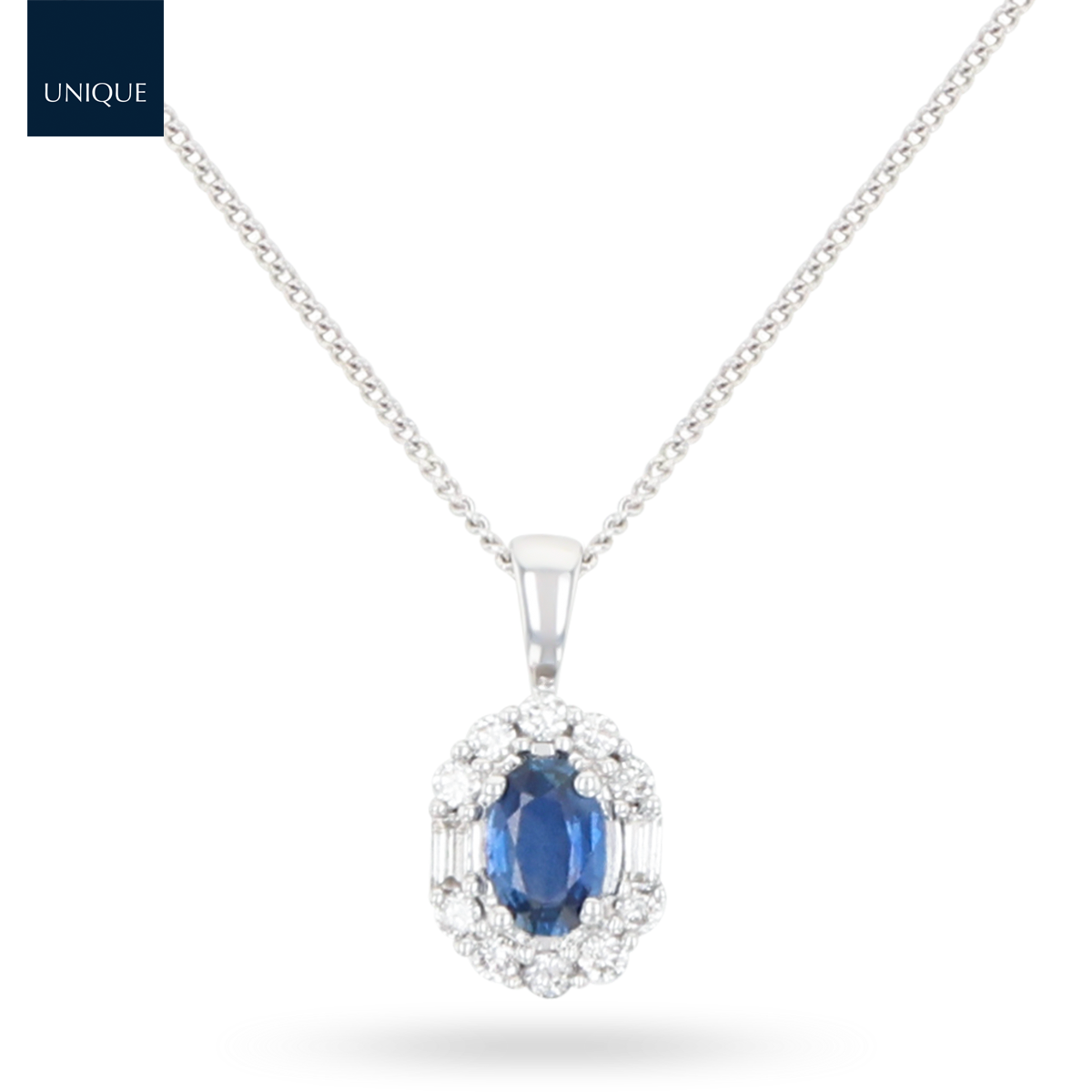 18ct White Gold Oval Shaped Sapphire & Diamond Cluster Pendant With Chain