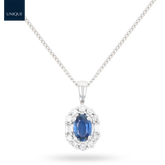 18ct White Gold Oval Shaped Sapphire & Diamond Cluster Pendant With Chain
