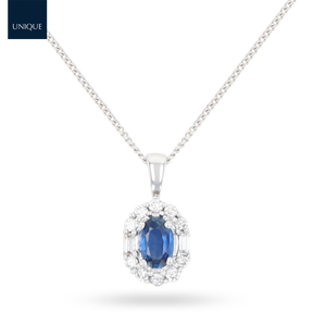 18ct White Gold Oval Shaped Sapphire & Diamond Cluster Pendant With Chain