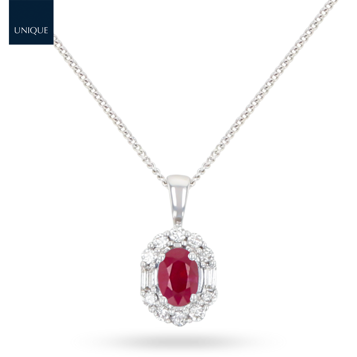18ct White Gold Oval Shaped Ruby & Diamond Cluster Pendant With Chain