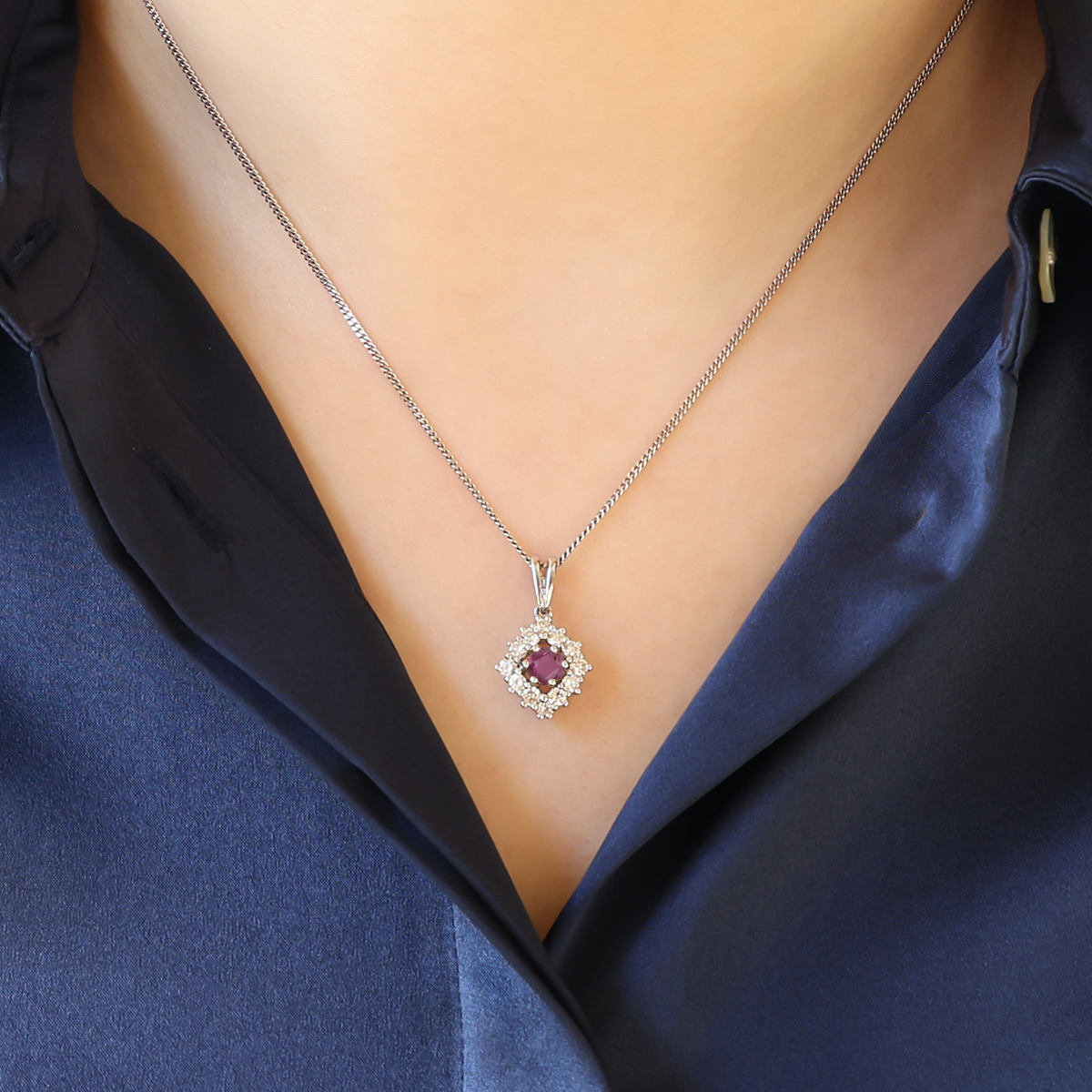 Model wears 18ct White Gold Ruby & Diamond Marquise Cluster Pendant With Chain