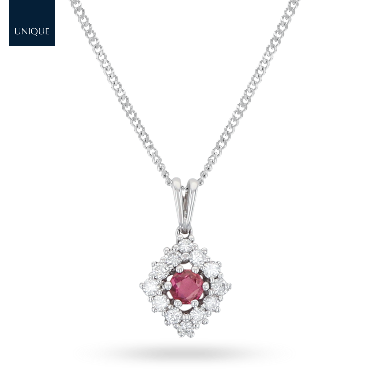 18ct White Gold Ruby & Diamond Marquise Cluster Pendant With Chain