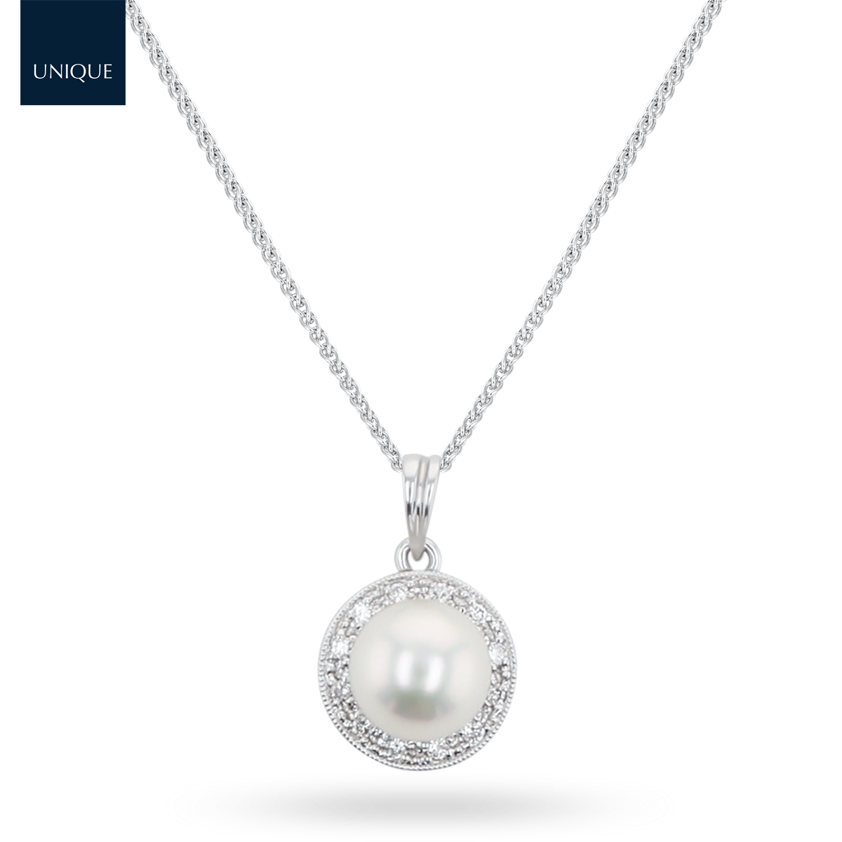 18ct White Gold Cultured Akoya Pearl & Diamond Halo Pendant With Chain