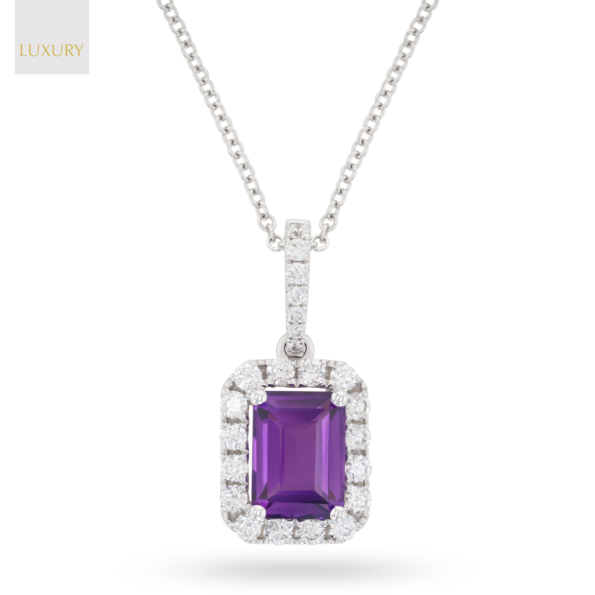 18ct White Gold Octagonal Amethyst & Diamond Halo Pendant & Chain