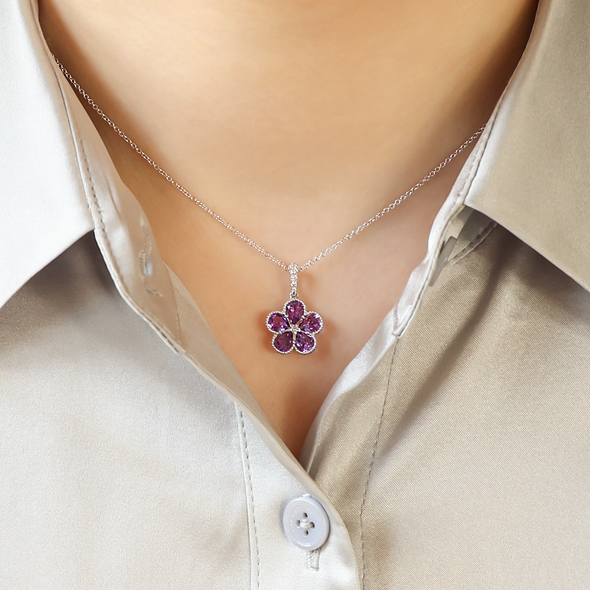 Model wears 18ct White Gold Amethyst & Diamond Flower Pendant & Chain