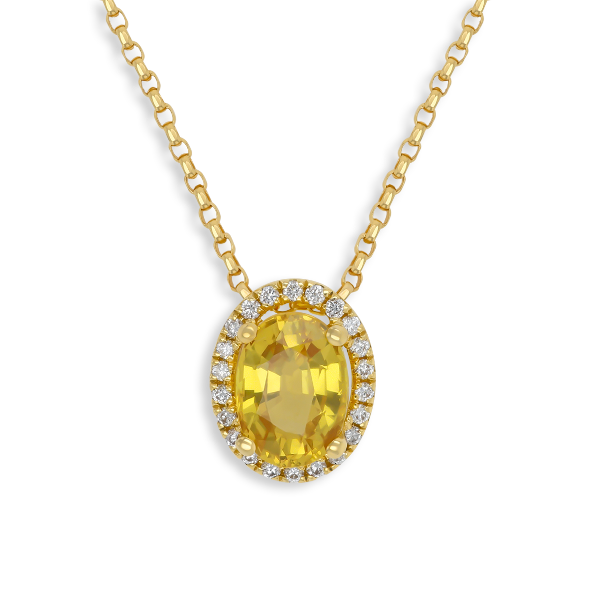 18ct Yellow Gold Oval Shaped Yellow Sapphire & Diamond Halo Pendant with Chain