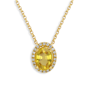 18ct Yellow Gold Oval Shaped Yellow Sapphire & Diamond Halo Pendant with Chain