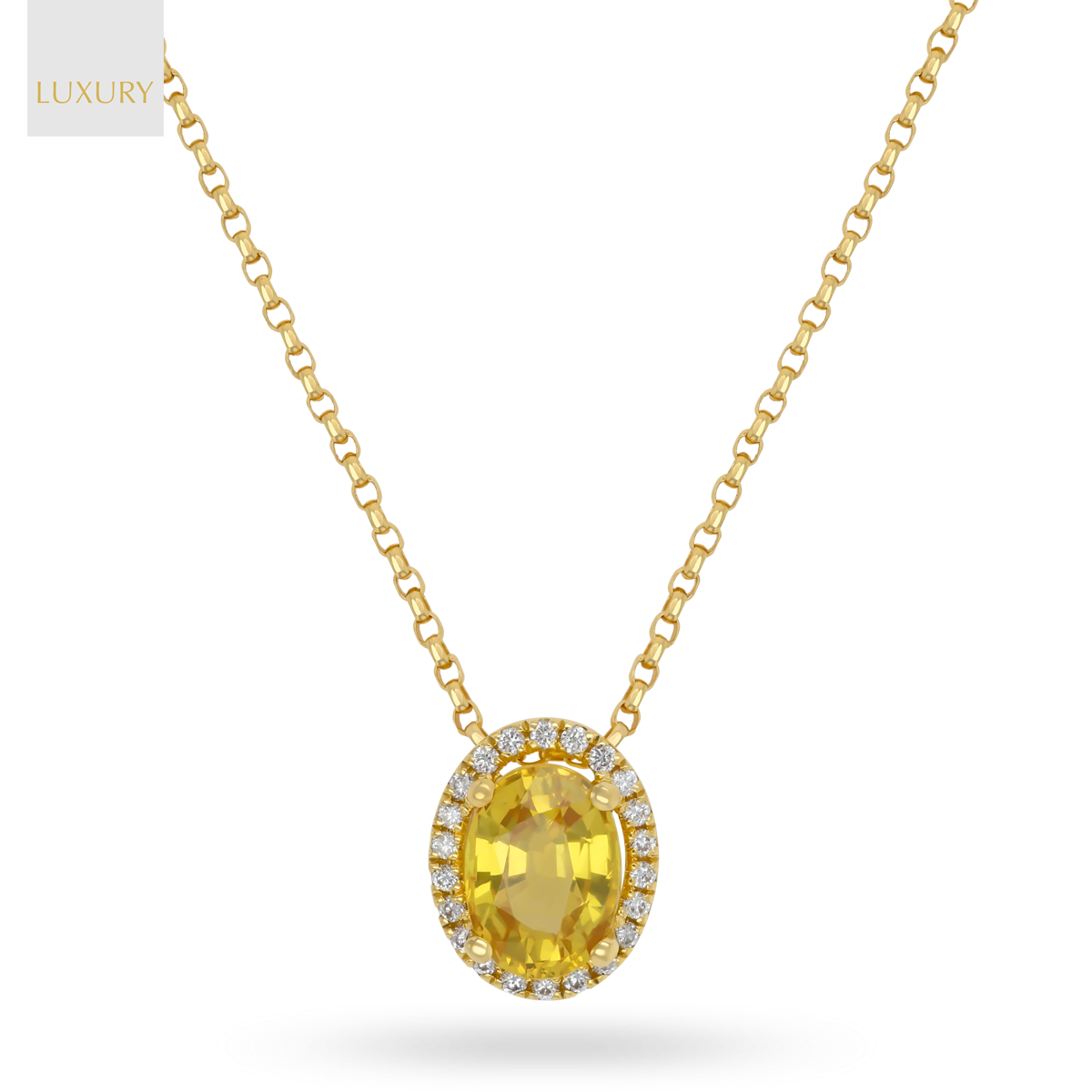 18ct Yellow Gold Oval Shaped Yellow Sapphire & Diamond Halo Pendant with Chain