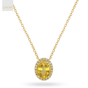 18ct Yellow Gold Oval Shaped Yellow Sapphire & Diamond Halo Pendant with Chain