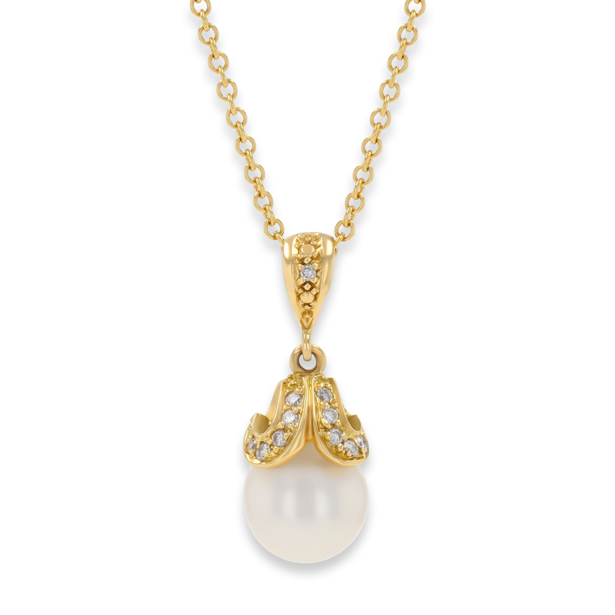 18ct Yellow Gold Cultured Freshwater Pearl & Diamond Set Hearts Pendant with Chain