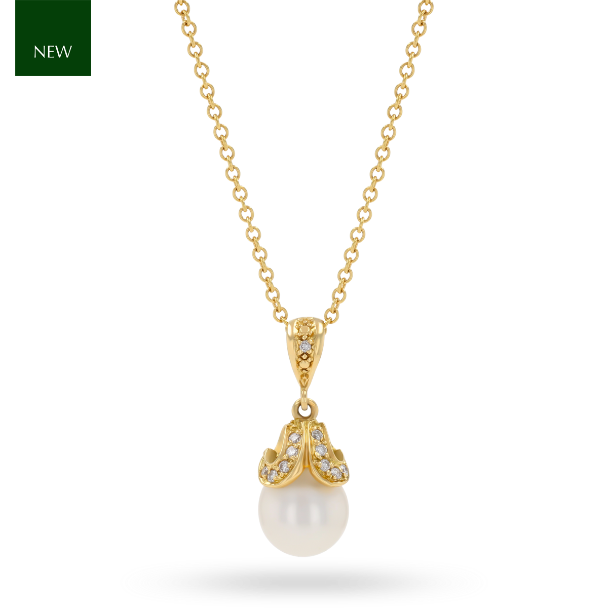 18ct Yellow Gold Cultured Freshwater Pearl & Diamond Set Hearts Pendant with Chain