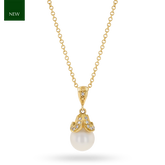 18ct Yellow Gold Cultured Freshwater Pearl & Diamond Set Hearts Pendant with Chain