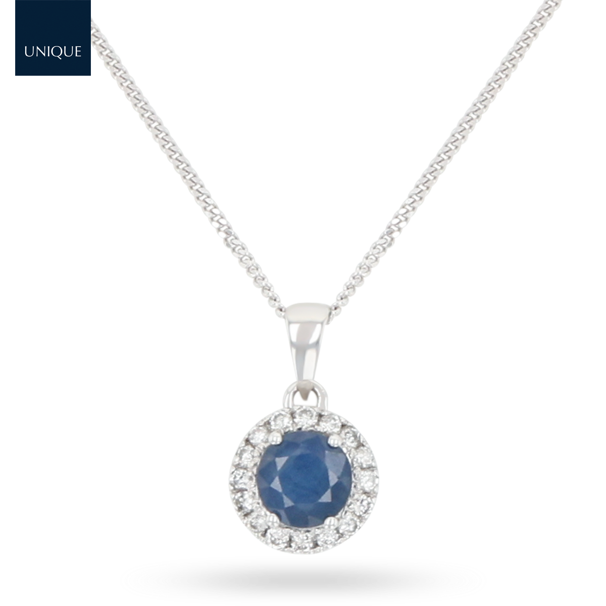 9ct White Gold Round Shaped Sapphire & Diamond Halo Pendant With Chain