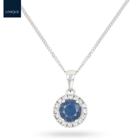 9ct White Gold Round Shaped Sapphire & Diamond Halo Pendant With Chain
