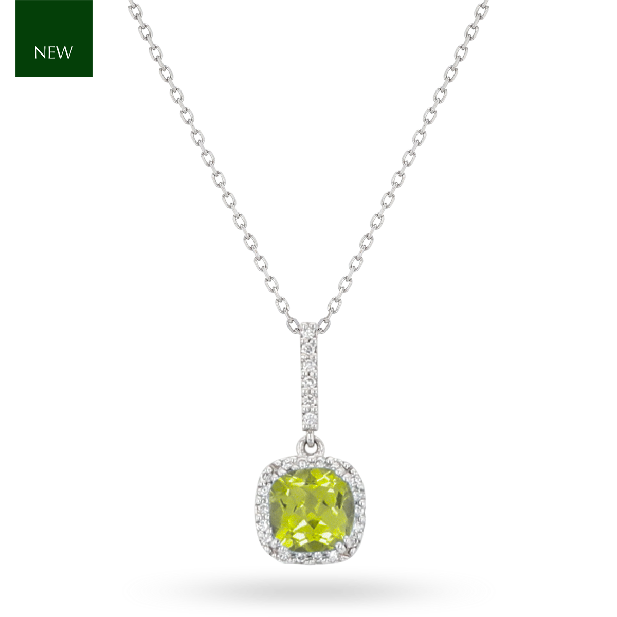 9ct White Gold Cushion Shaped Peridot & Diamond Halo Pendant With Chain