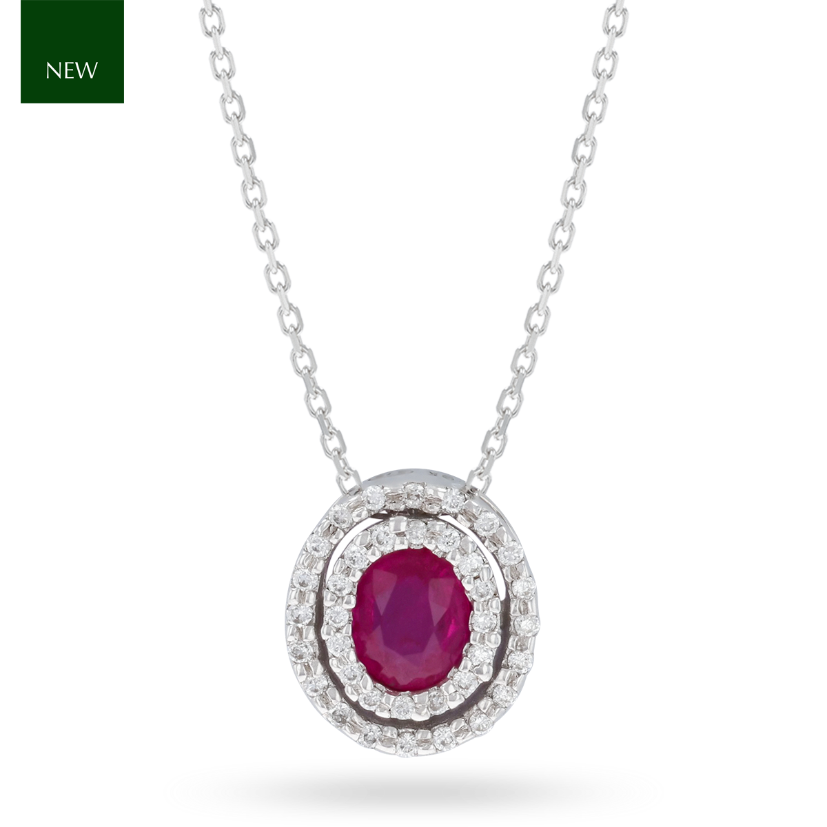 9ct White Gold Oval Ruby & Diamond Double Halo Pendant & Chain