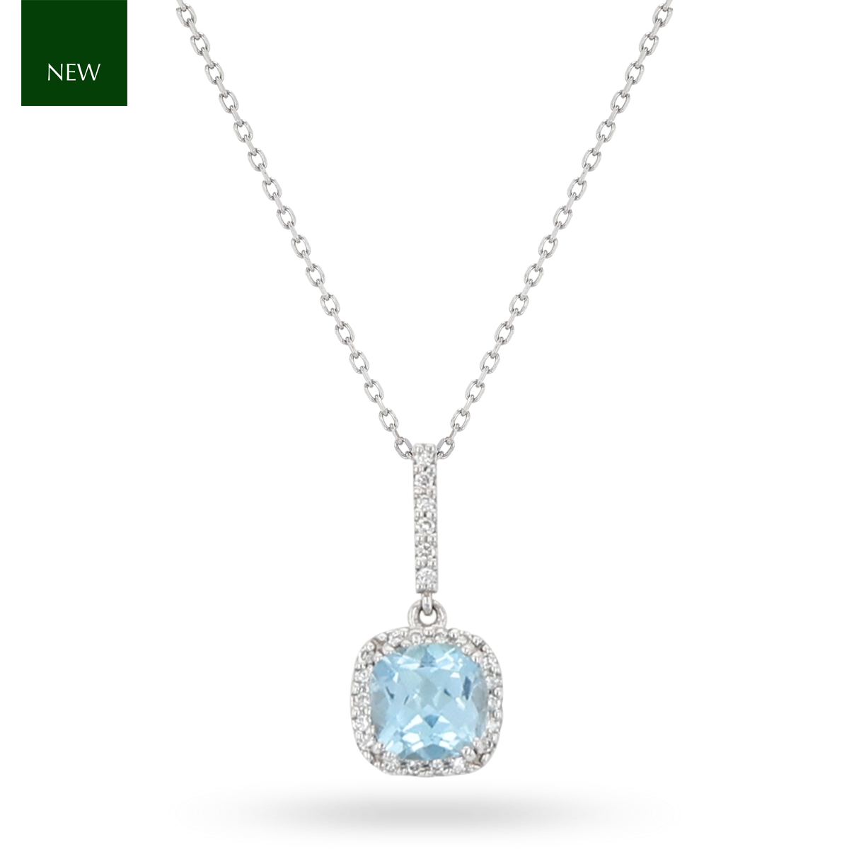 9ct White Gold Cushion Shaped Blue Topaz & Diamond Halo Pendant With Chain