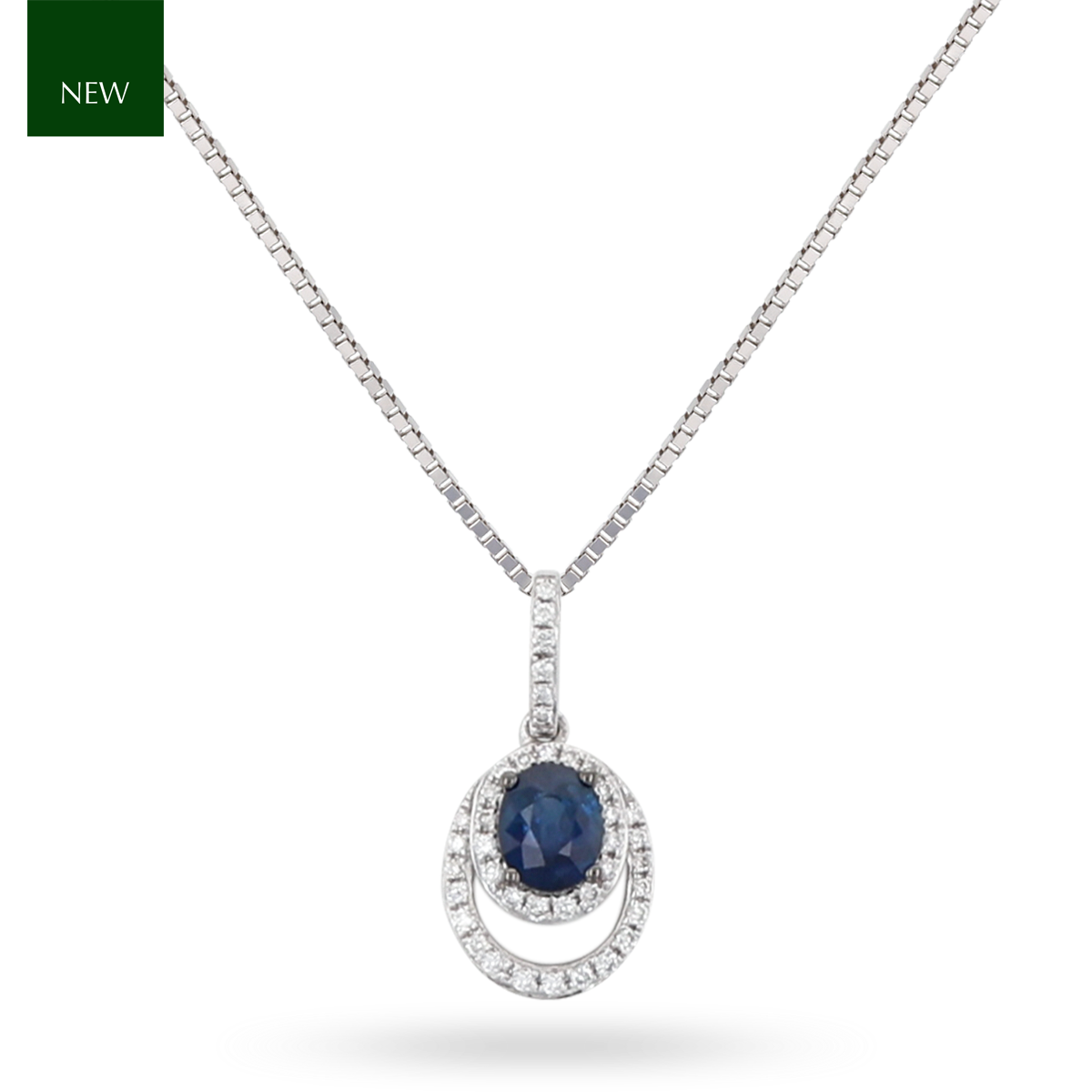 9ct White Gold Sapphire & Diamond Double Halo Pendant With Chain