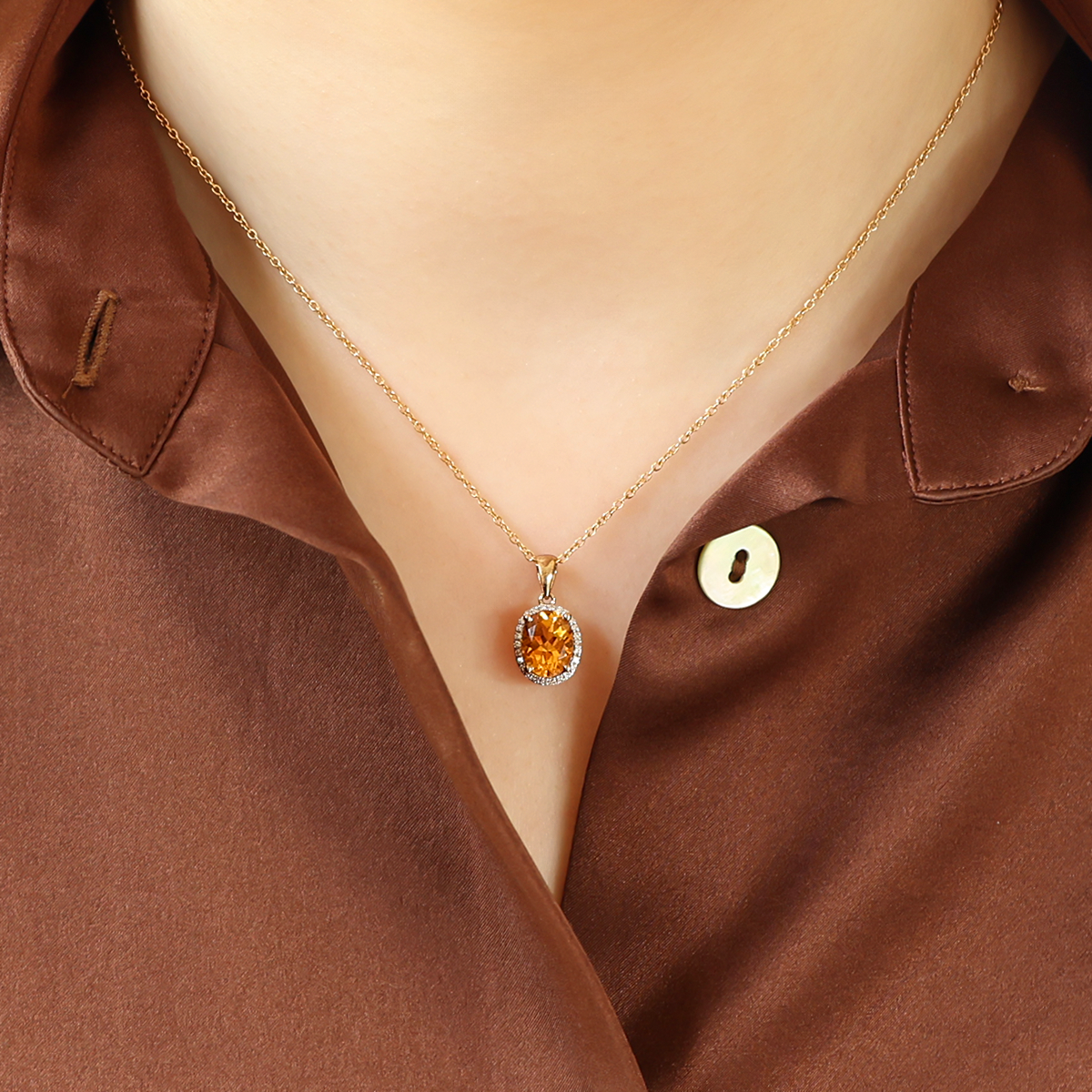 Model wears 9ct Yellow Gold Oval Citrine & Diamond Cluster Pendant & Chain