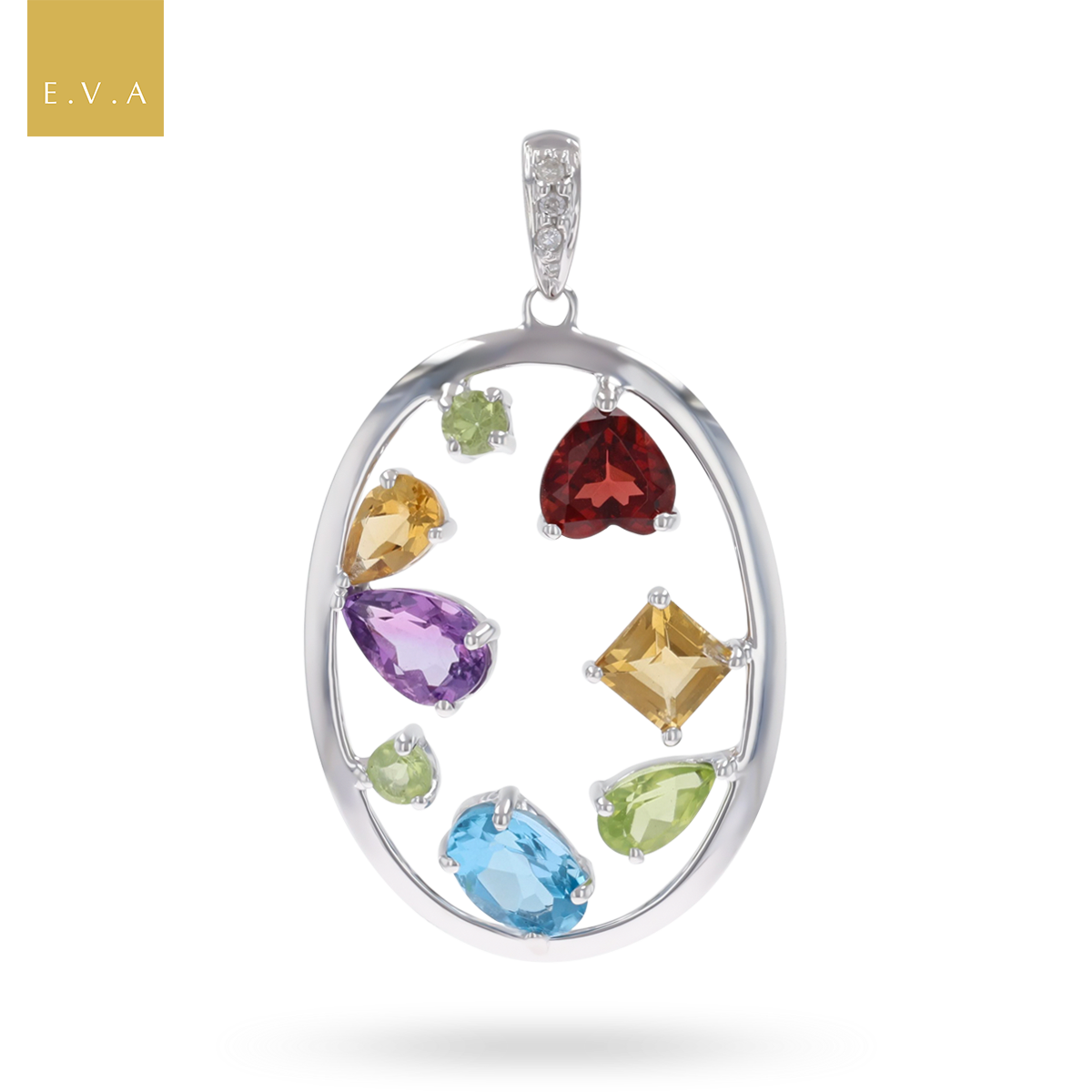 18ct White Gold Oval Multi Gemstone Pendant