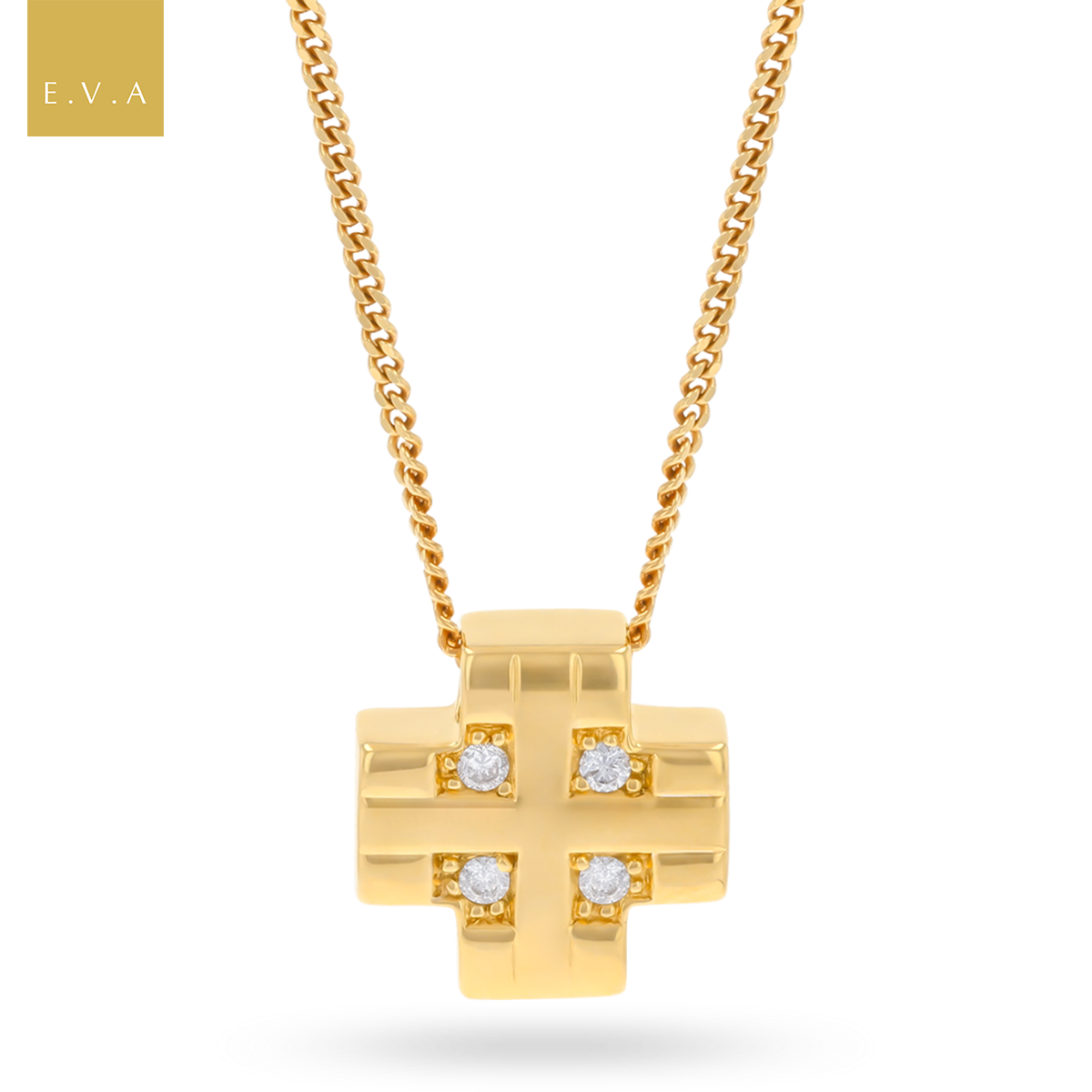 18ct Yellow Gold Diamond Set Square Cross Pendant with Chain