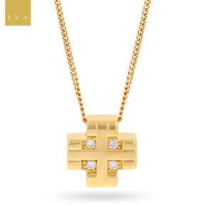 18ct Yellow Gold Diamond Set Square Cross Pendant with Chain