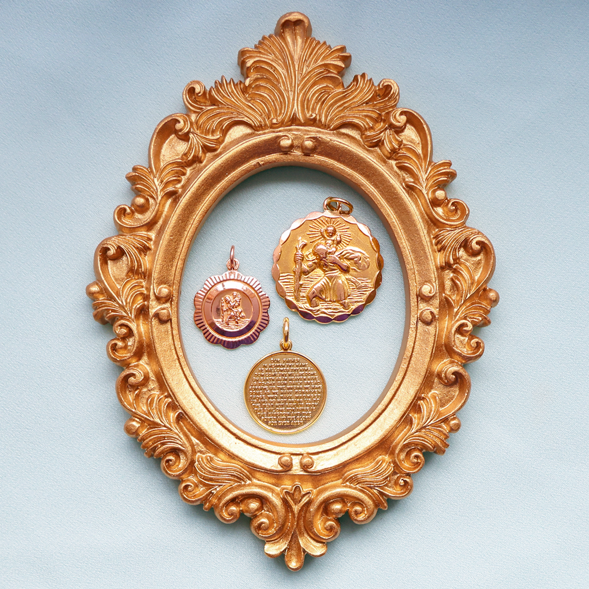 9ct Rose Gold Diamond Cut St Christopher Pendant By Georg Jensen, 9ct Rose Gold Double Sided St Christopher Pendant By Georg Jensen & 9ct Yellow Gold Lords Prayer Round Disc Pendant