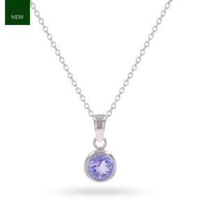 9ct White Gold Round Shaped Tanzanite Bezel Set Pendant with Chain