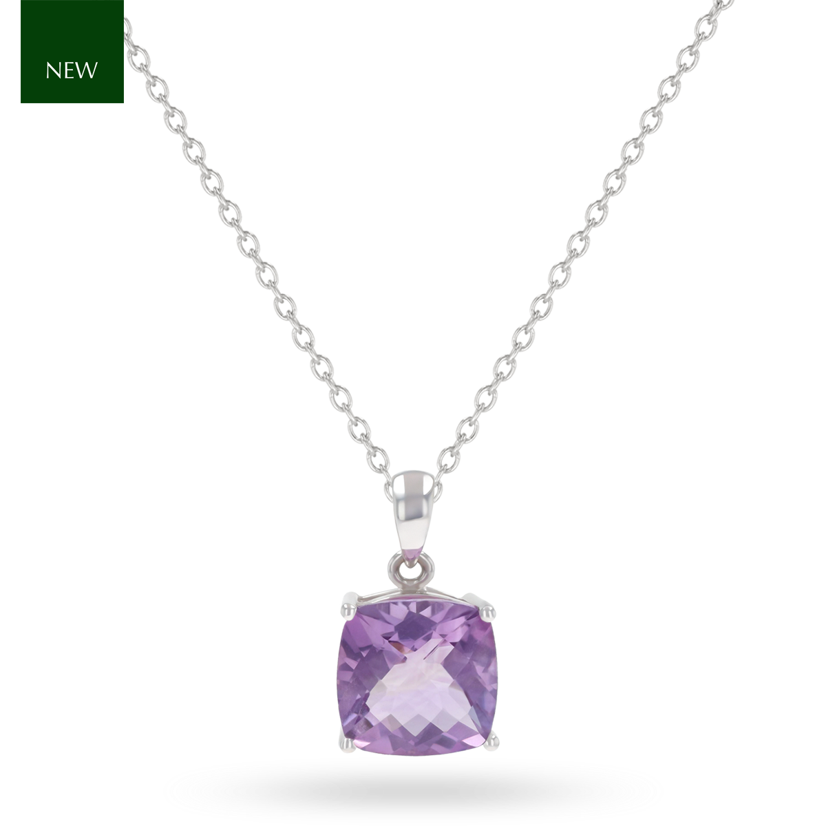 9ct White Gold Amethyst Cushion Shaped Claw Set Pendant With Chain