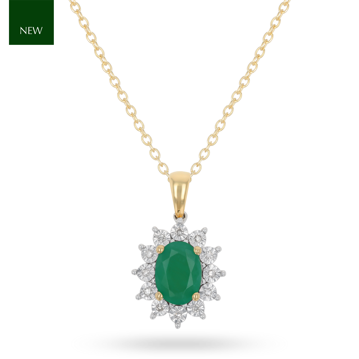 9ct Yellow Gold Oval Shaped Emerald & Diamond Cluster Pendant