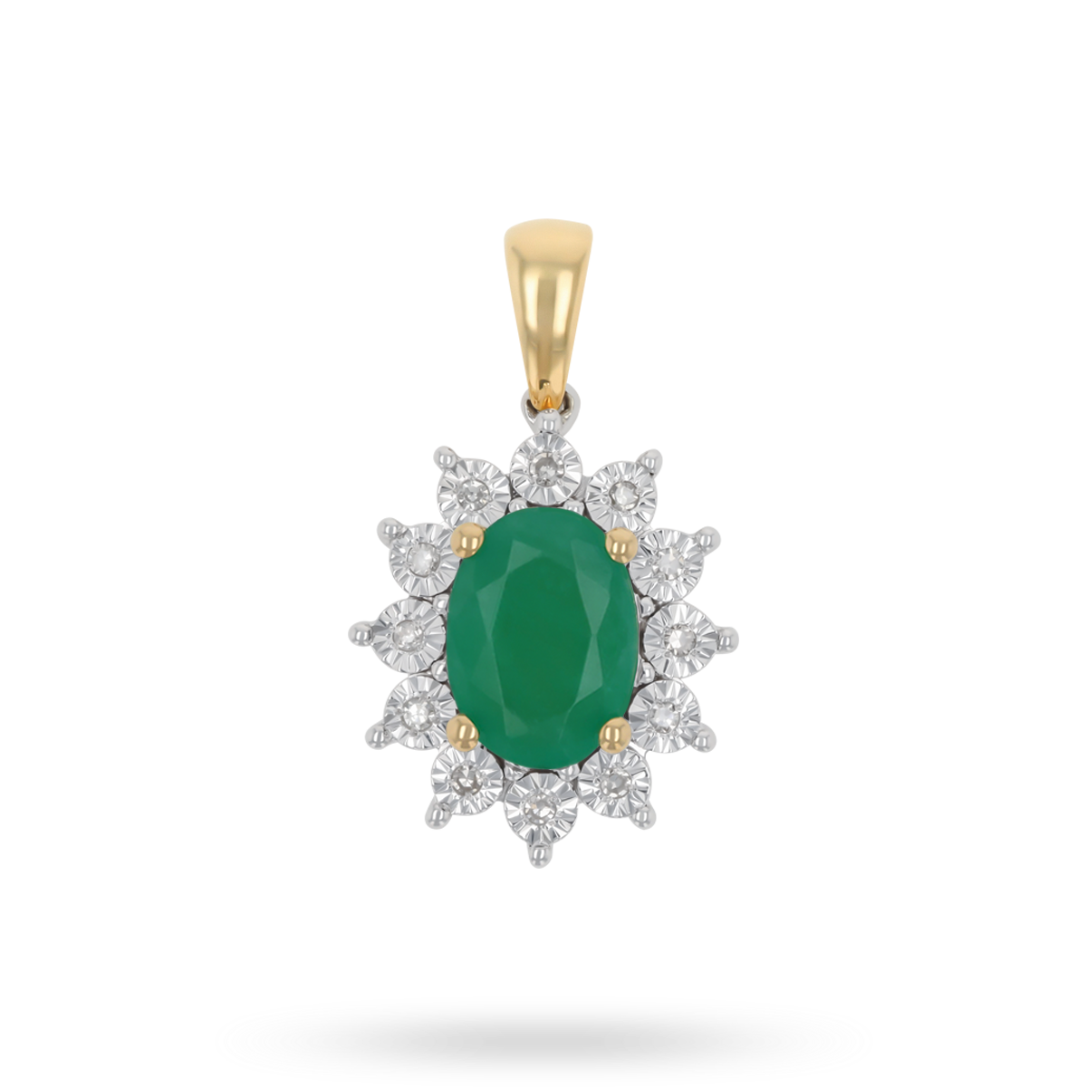 9ct Yellow Gold Oval Shaped Emerald & Diamond Cluster Pendant